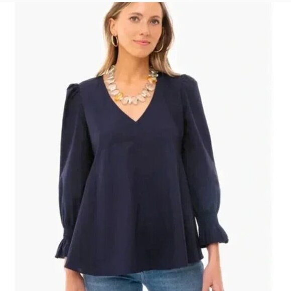 Pomander Place Tuckernuck Easton Blouse Poplin V-neck Puff Sleeve Blue Small XS - Picture 8 of 8